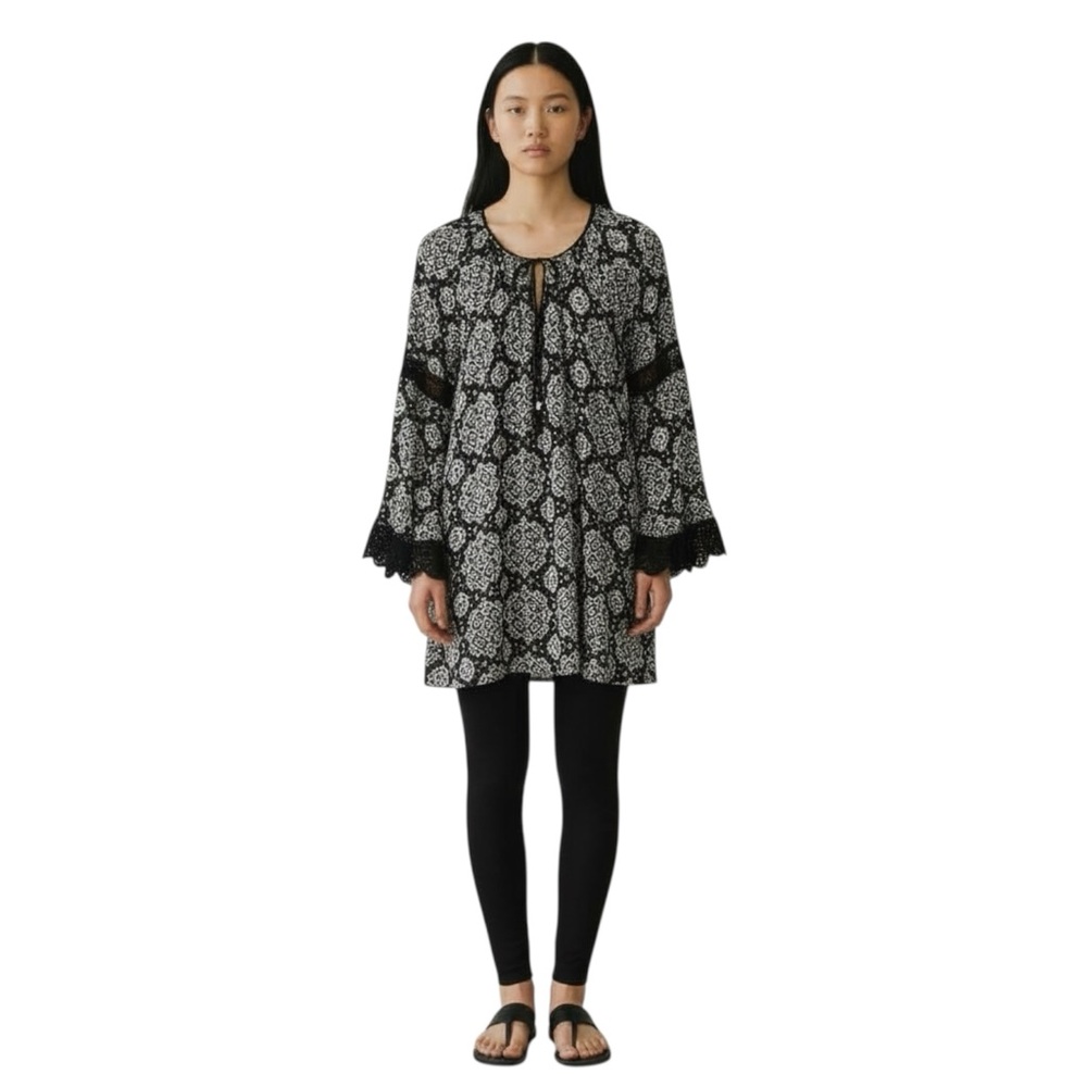Lovestitch Black and White Boho Long Blouse Flare Sleeve Tie Front size Medium - Picture 4 of 10